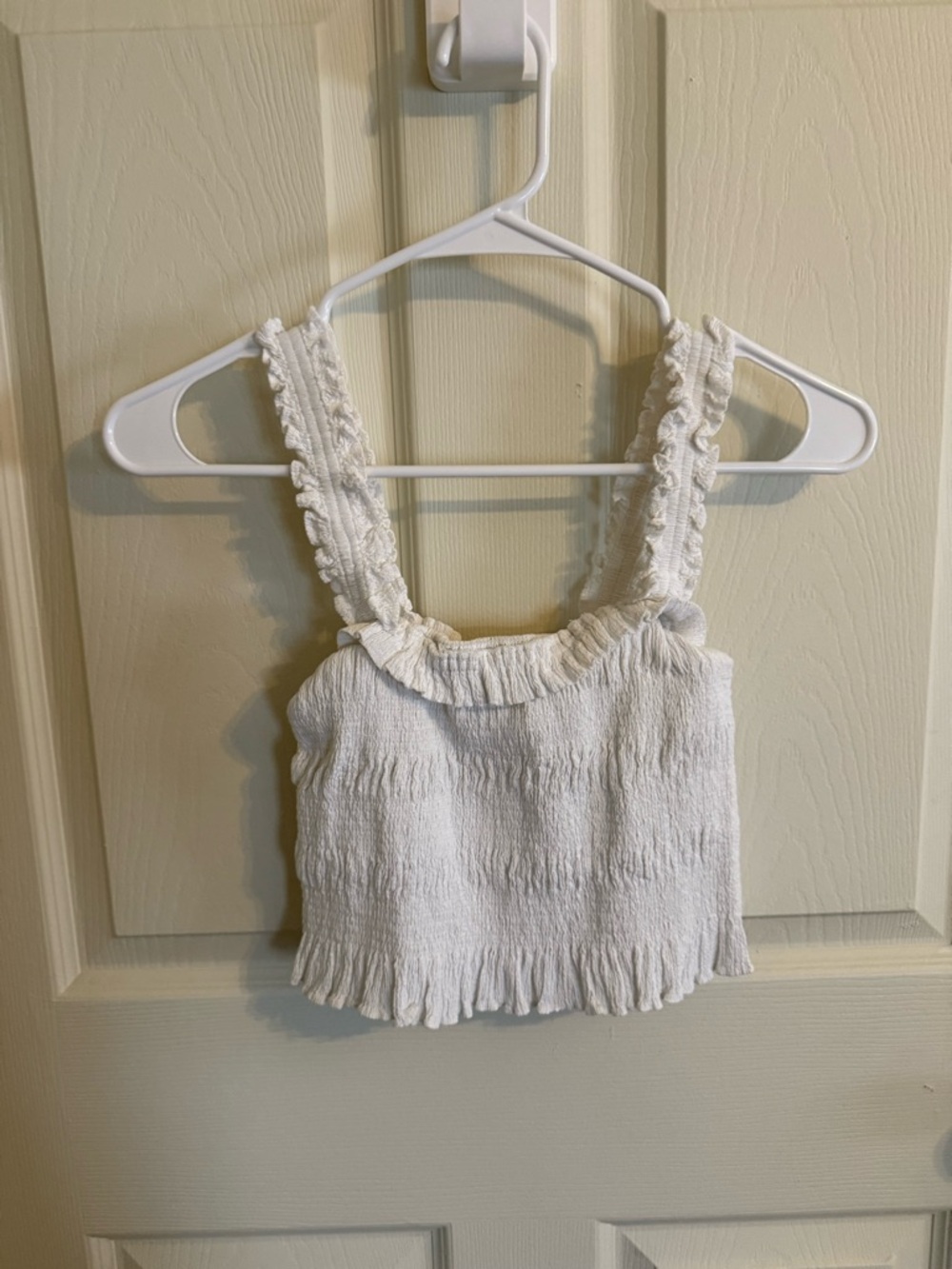 Astr White Smocked Ruffle Strap Crop Top